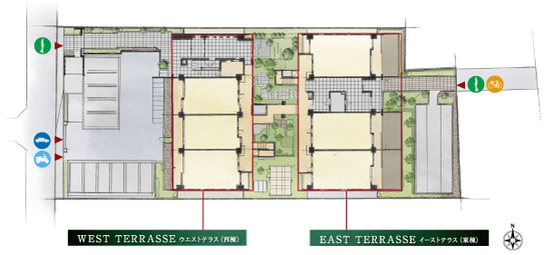 Features of the building.  [Land Plan] In two buildings configurations that take advantage of the long site on the east and west, Pursue a certain space on-site environment. Shared facilities, such as parking and bike racks are substantial, It is provided comfortably lush courtyard, It has also been consideration to create an environment that feels natural moisture (site layout)