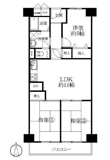 Floor plan. 3LDK, Price 10.8 million yen, Footprint 64.8 sq m , Day is good on the balcony area 6.48 sq m upper floor south-facing