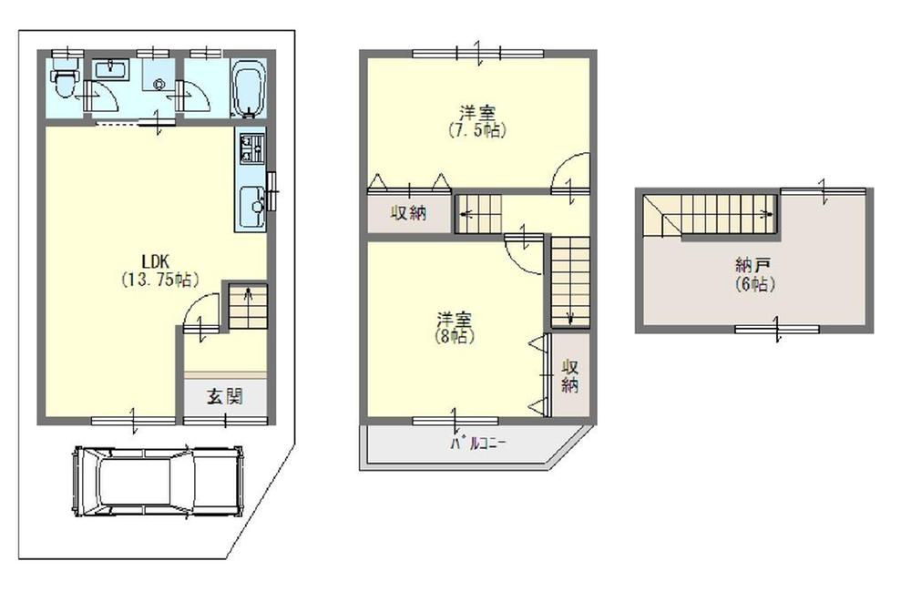 Floor plan. 12.8 million yen, 2LDK + S (storeroom), Land area 50.72 sq m , Building area 68.84 sq m 1996 September architecture 2SLDK Terrace house (two units one)