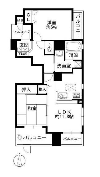 Floor plan. 2LDK, Price 18.3 million yen, Occupied area 56.18 sq m , Balcony area 9.4 sq m 1F angle room. 2LDK. Renovated.