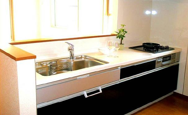 Kitchen. Example of construction Face-to-face counter kitchen visible living situation while cooking.