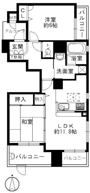 Floor plan. 2LDK, Price 18.3 million yen, Occupied area 56.18 sq m , Balcony area 9.4 sq m southeast corner room Two-sided balcony