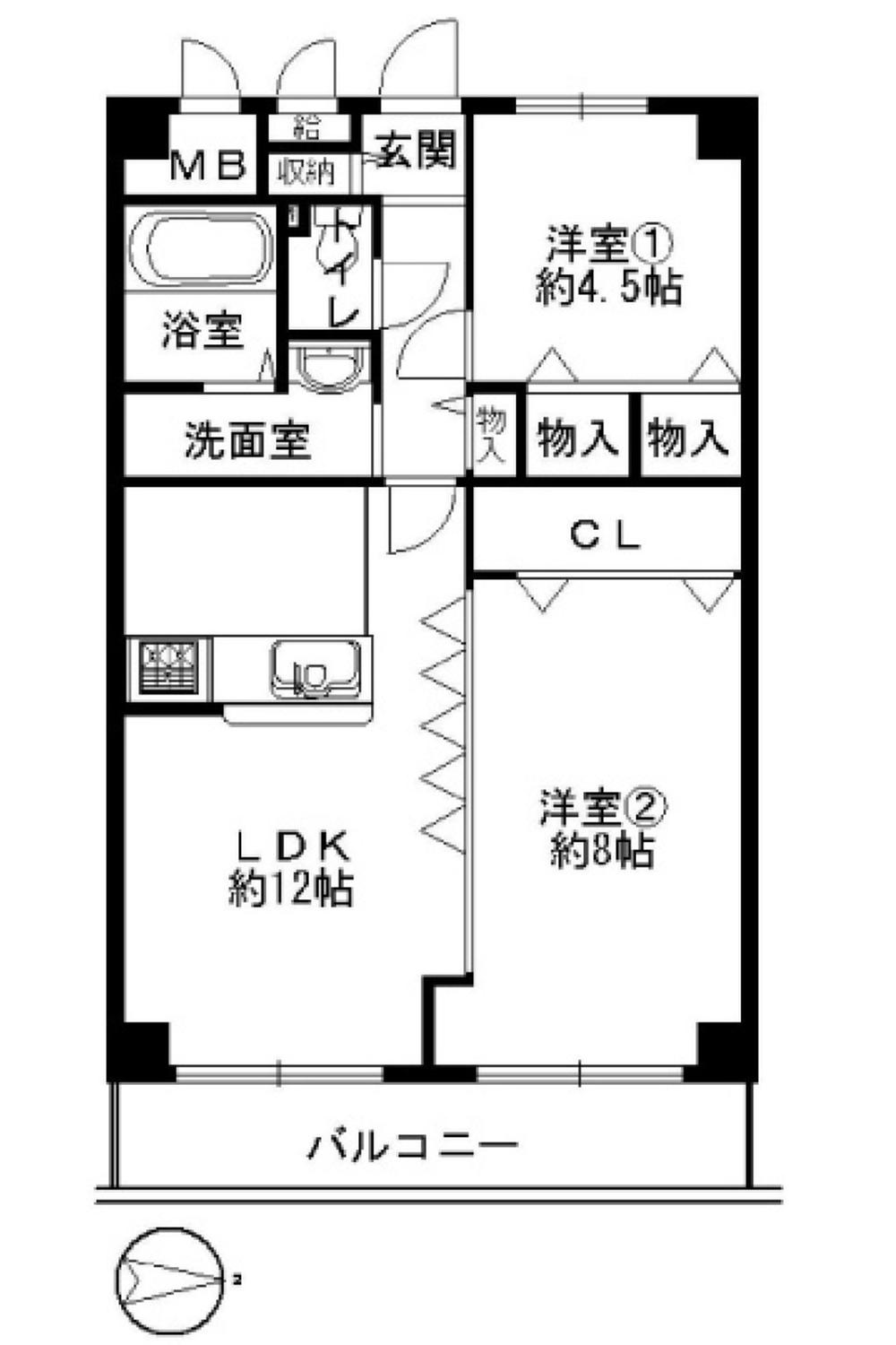 Floor plan. 2LDK, Price 9.3 million yen, Occupied area 57.84 sq m , Balcony area 7.84 sq m renovated