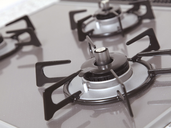 Kitchen.  [3-neck glass top gas stove] Adopt a beautiful warm silver glass top. Stylish front panel is easy to clean flat design. Also features two-sided baking auto grill (same specifications)