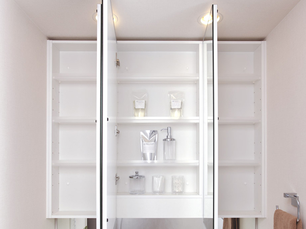 Bathing-wash room.  [Three-sided mirror back storage] The three-sided mirror back of vanities, Established a cabinet capable of organizing wash small items such as skin care. In the center mirror, Comes with anti-fog function (same specifications)