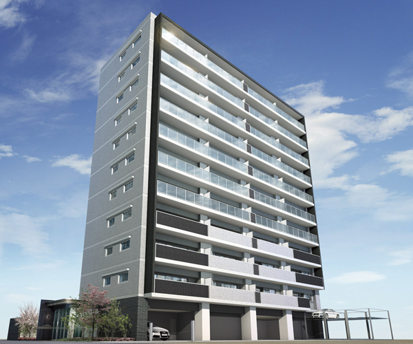 Features of the building.  [appearance] In simple form, which was conscious of appearance appropriate for calm residential area, With the change and the accent by using a two-color tile, Stylish exterior design. 5 or more stories of balcony handrail glass is adopted in, In full of bright and airy look. Has become a noble facade (Rendering)