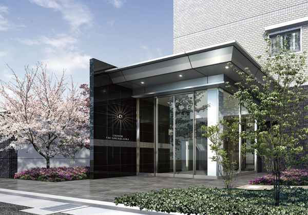 Features of the building.  [entrance] Using the High quality natural stone on the side wall, Entrance was produce a stylish flavor by a polished finish. The approach part, Place the beautiful flowers and green planting was including Sakura. Casual us draw a landscape that Yasuragu mind to the scene of the way to and from (Rendering)