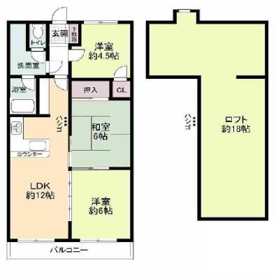 Floor plan. 3LDK, Price 9.8 million yen, Occupied area 57.78 sq m , Balcony area 5.45 sq m 3LDK + is a floor plan of the loft