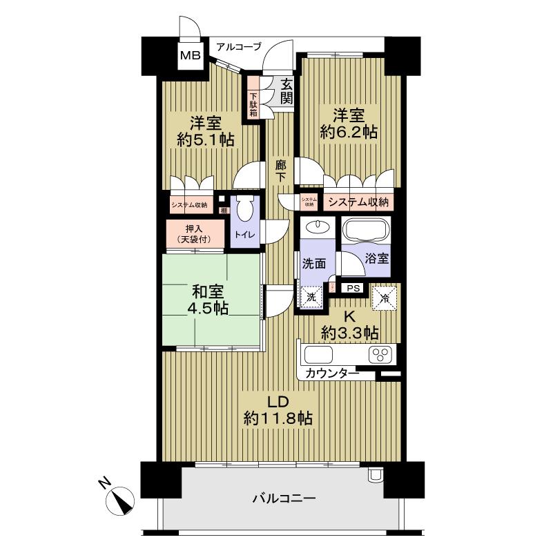 Floor plan. 3LDK, Price 21,800,000 yen, Occupied area 68.42 sq m , Balcony area 11.61 sq m footprint 68.42 sq m