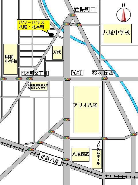 Local guide map. Kintetsu 8-minute walk from the "Yao" station