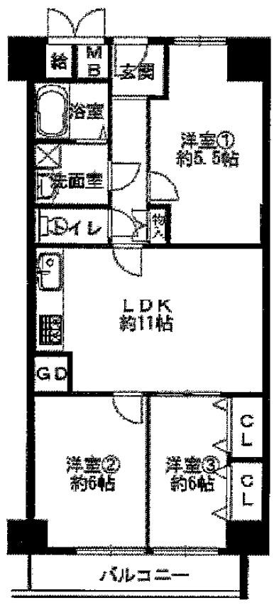 Floor plan. 3LDK, Price 10.3 million yen, Footprint 62.1 sq m , Balcony area 6 sq m