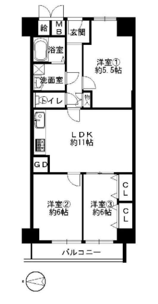 Floor plan. 3LDK, Price 10.3 million yen, Footprint 62.1 sq m , Balcony area 6 sq m renovated, It is with lighting equipment