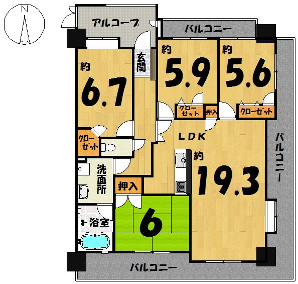 Floor plan. 4LDK, Price 17.5 million yen, Footprint 94.9 sq m , Balcony area 93.65 sq m