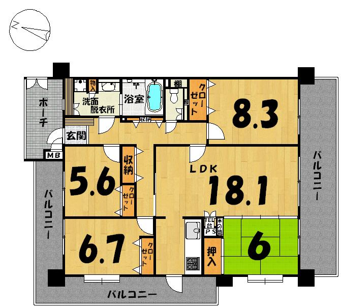 Floor plan. 4LDK, Price 18 million yen, The area occupied 101.7 sq m , Balcony area 48.84 sq m