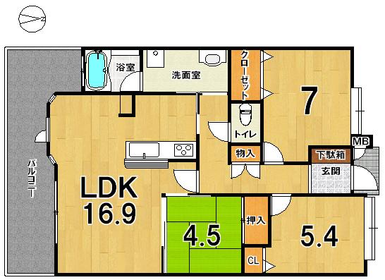Floor plan. 3LDK, Price 15.3 million yen, Occupied area 76.44 sq m , The balcony area 12.45 sq m south side of the balcony, There is also a small washbasin.