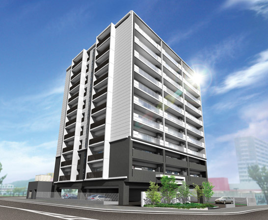 Buildings and facilities. In harmony with the wide sky and lush streets of Yayoigaoka, Sharp line which extends to the sky, It makes an air of dignified presence. Realize a plan that can feel open and plenty of light in the corner dwelling unit rate of 80%. In the new town sophisticated apartment. (Exterior view)
