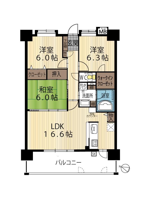 Floor plan. 3LDK, Price 15.3 million yen, Footprint 78 sq m , You can enter and exit from the balcony area 15.6 sq m kitchen next to the back door to the balcony
