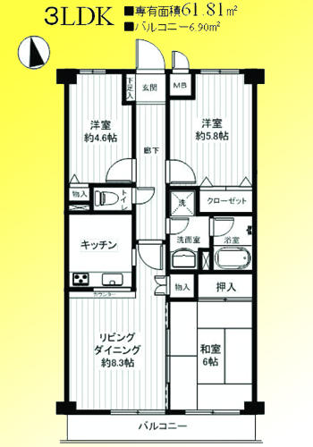 Floor plan. 3LDK, Price 14.8 million yen, Occupied area 61.81 sq m , Balcony area 6.9 sq m