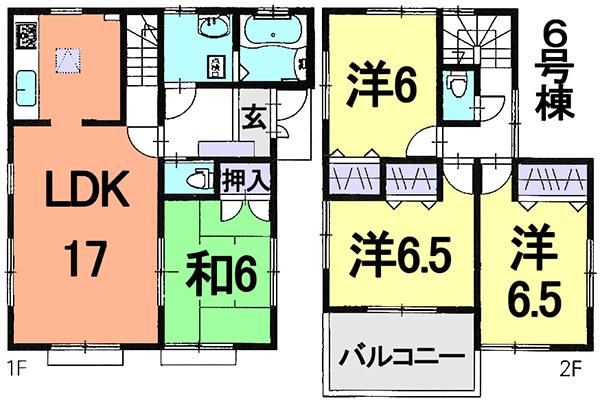 Floor plan. (6 Building), Price 30,800,000 yen, 4LDK, Land area 130.1 sq m , Building area 96.05 sq m