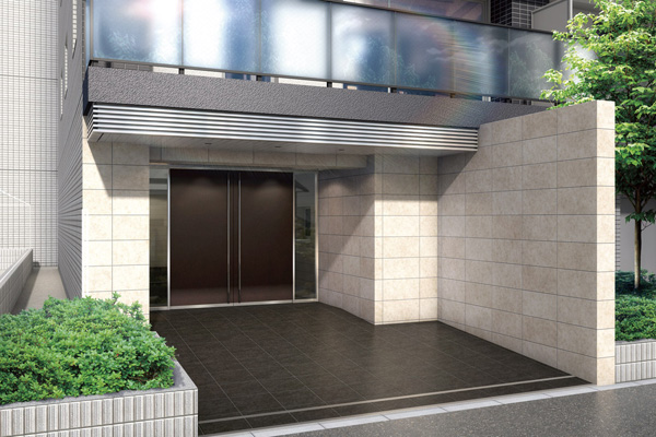 Shared facilities.  [Entrance Rendering] Sophisticated accent material that every single review engender. In order to produce a dignity some space design, We chose the quality of the material. ( ※ Which was raised drawn based on drawing, In fact a slightly different. Around the building have been omitted.  ※ Tree species of planting ・ For the size of the, It has become unsettled, No attempt has been made to grow to about Rendering at the time of completion. It should be noted, Planting does not indicate the status of a particular season)
