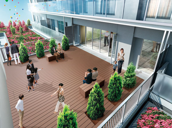 Features of the building.  [Rooftop terrace] A special space for the "City Tower Ageo Station". It leads from the indoor lounge, It is a view of the green, which is nestled on the roof "roof terrace".  Who is a space for the live relax while feeling the nature of gentle light and refreshing breeze. (Rendering)