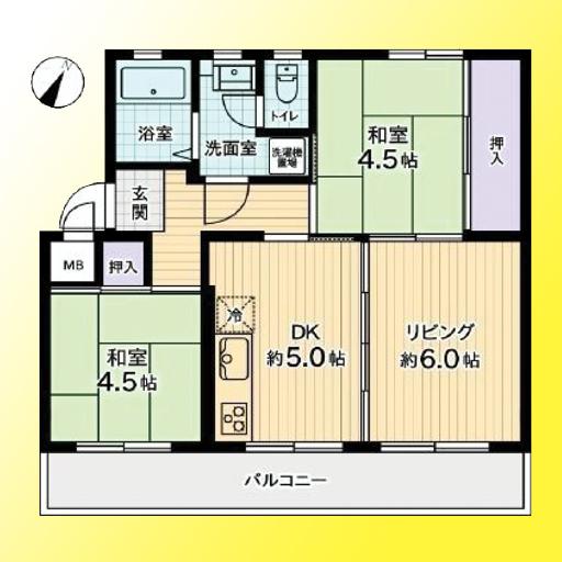 Floor plan. 3DK, Price 6.9 million yen, Occupied area 46.78 sq m , Balcony area 9.6 sq m