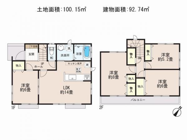 Floor plan. 24,800,000 yen, 4LDK, Land area 100.15 sq m , Building area 92.74 sq m