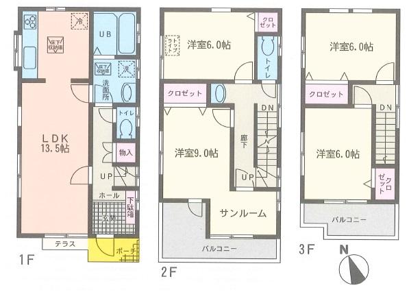 Floor plan. 22,800,000 yen, 4LDK, Land area 88.69 sq m , Building area 102.67 sq m   ・ The main bedroom is 9 Pledge with sun room.  ・ Each room 6 quires more than + with storage  ・ House cleaned
