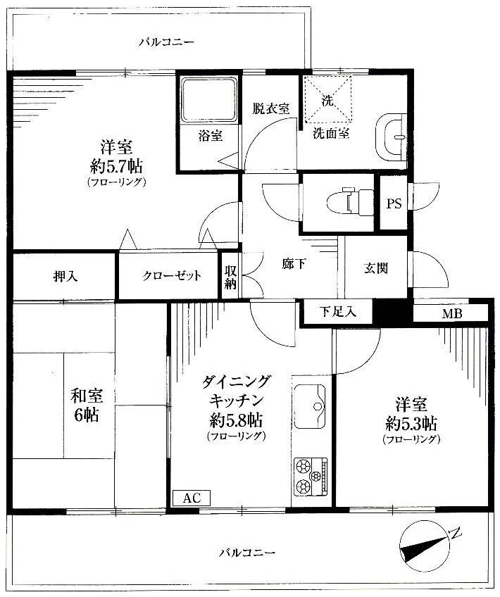 Floor plan. 3DK, Price 12.8 million yen, Occupied area 53.88 sq m , Balcony area 12.5 sq m floor plan