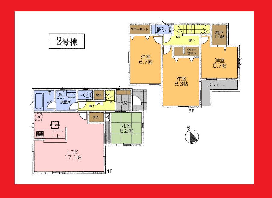 Floor plan. (Building 2), Price 44,800,000 yen, 4LDK+S, Land area 108.51 sq m , Building area 99.22 sq m