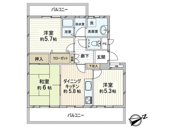 Floor plan. 3DK, Price 12.8 million yen, Occupied area 53.88 sq m , Balcony area 12.5 sq m