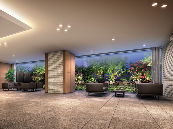 Shared facilities.  [Entrance lounge Rendering] Entrance lounge of quality overlooking the rich entry garden of green.
