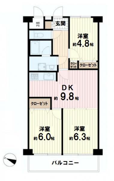 Floor plan. 3DK, Price 16.8 million yen, Footprint 61.6 sq m , Balcony area 6.72 sq m   ☆ After moving, Furnished properties that can immediately start a new life ☆