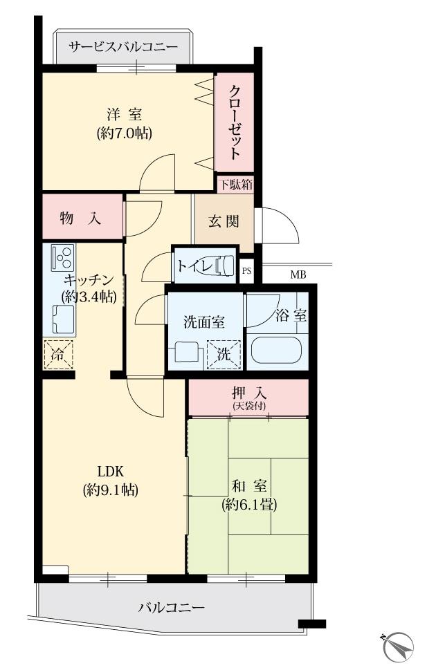 Floor plan. 2LDK, Price 26.5 million yen, Occupied area 63.66 sq m , Balcony area 7.33 sq m