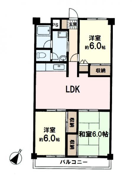 Floor plan. 3LDK, Price 15.8 million yen, Occupied area 68.04 sq m , Balcony area 6.93 sq m   ☆ Breadth of the room of all room 6.0 Pledge ☆