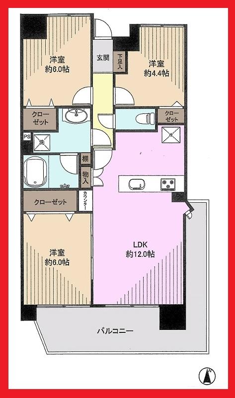 Floor plan. 3LDK, Price 25,800,000 yen, Occupied area 63.89 sq m , Balcony area 12.71 sq m