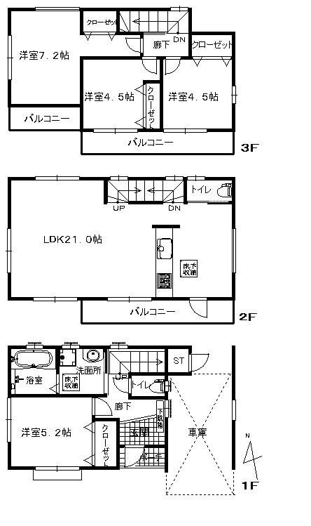 Floor plan. 42,800,000 yen, 4LDK + S (storeroom), Land area 66.48 sq m , Building area 110.55 sq m 4LDK + with car space! 21 Pledge large living room ・ Bright three-sided balcony! Bathroom 1 pyeong size ・ Wash! 