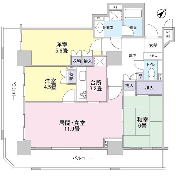 Floor plan. 3LDK, Price 26.2 million yen, Occupied area 75.96 sq m , Balcony area 23.93 sq m southeast ・ Southwest corner room dwelling unit ~ Bright room facing the whole room balcony ~