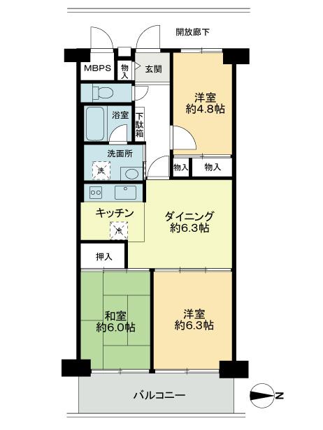 Floor plan. 3DK, Price 13,900,000 yen, Footprint 61.6 sq m , Balcony area 7.84 sq m