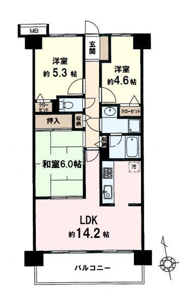Floor plan. 3LDK, Price 15.9 million yen, Occupied area 65.55 sq m , Balcony area 9.1 sq m