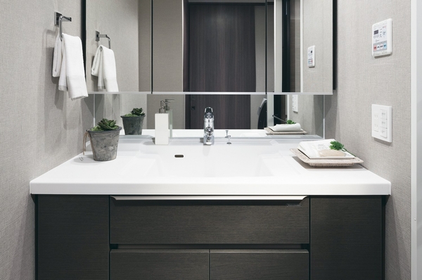 Bathroom vanity. Three-sided mirror back storage, Specification that combines counter-integrated basin bowl, such as functionality and beauty (reference photograph)