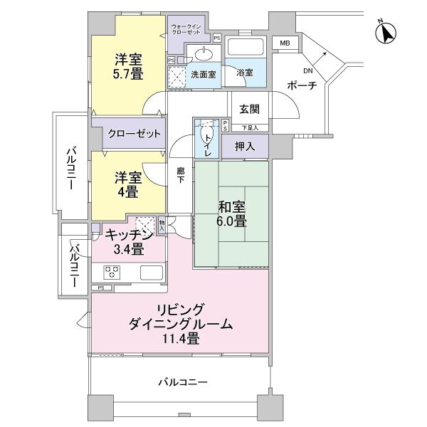 Floor plan. 3LDK, Price 34,900,000 yen, Occupied area 71.22 sq m , Balcony area 19.32 sq m 3LD ・ K type of southwest angle room dwelling unit  ~ Corner window of the LDK is a room with a characteristic sense of openness ~