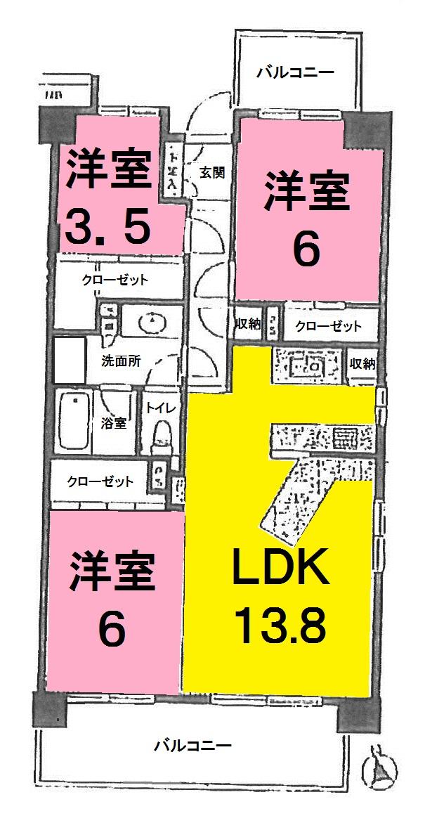 Floor plan. 3LDK, Price 17.8 million yen, Footprint 69.4 sq m , Balcony area 11.85 sq m