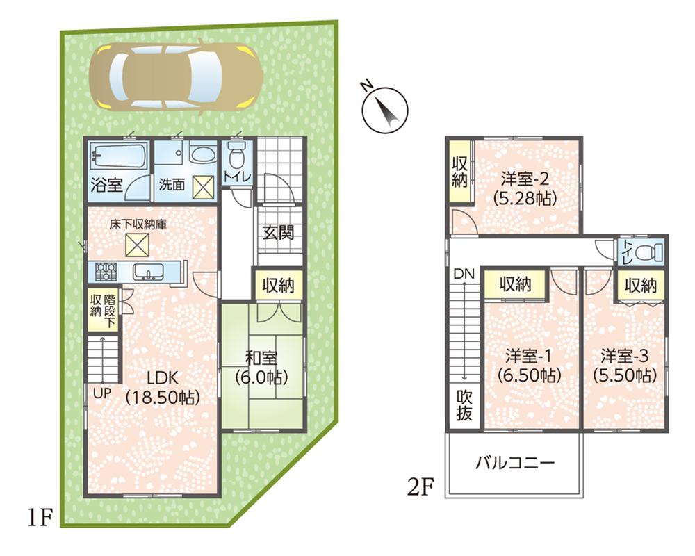 Compartment view + building plan example. Building plan example (7 Building) 4LDK, Land price 22,725,000 yen, Land area 100.1 sq m , Building price 14,275,000 yen, Building area 93.57 sq m