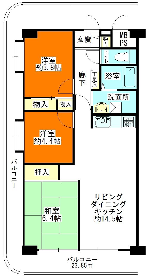Floor plan. 3LDK, Price 15.9 million yen, Occupied area 69.65 sq m , Balcony area 23.85 sq m