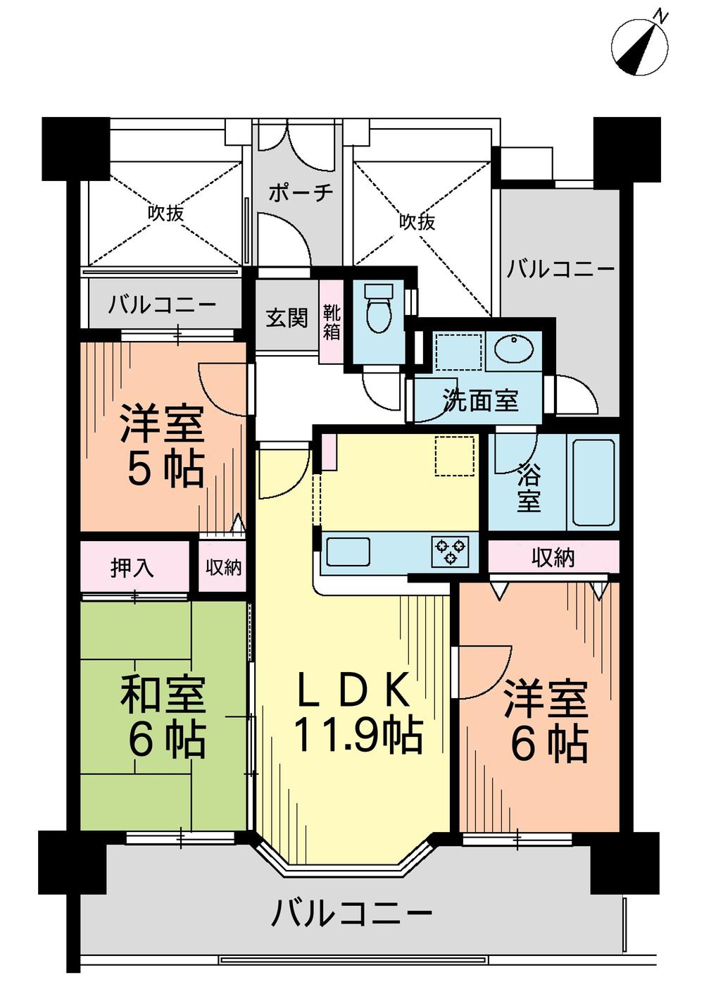 Floor plan. 3LDK, Price 27,800,000 yen, Occupied area 63.82 sq m , Balcony area 21.45 sq m