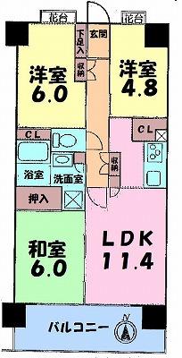 Floor plan. 3LDK, Price 22,800,000 yen, Occupied area 63.02 sq m , Balcony area 9.36 sq m