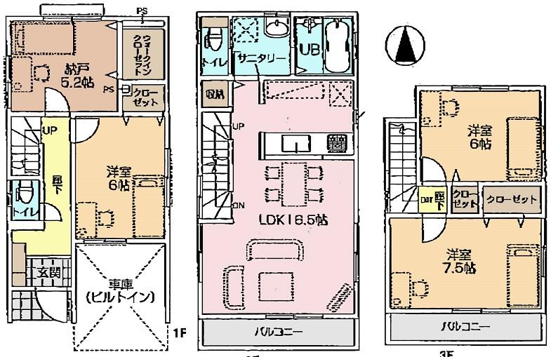 Floor plan. (4 Building), Price 39,800,000 yen, 3LDK+S, Land area 72.25 sq m , Building area 107.64 sq m