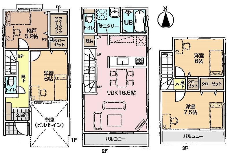Floor plan. (5 Building), Price 39,800,000 yen, 3LDK+S, Land area 72.15 sq m , Building area 107.64 sq m