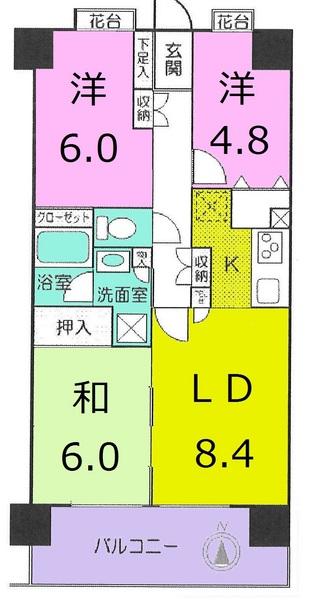 Floor plan. 3LDK, Price 22,800,000 yen, Occupied area 63.02 sq m , Balcony area 9.36 sq m